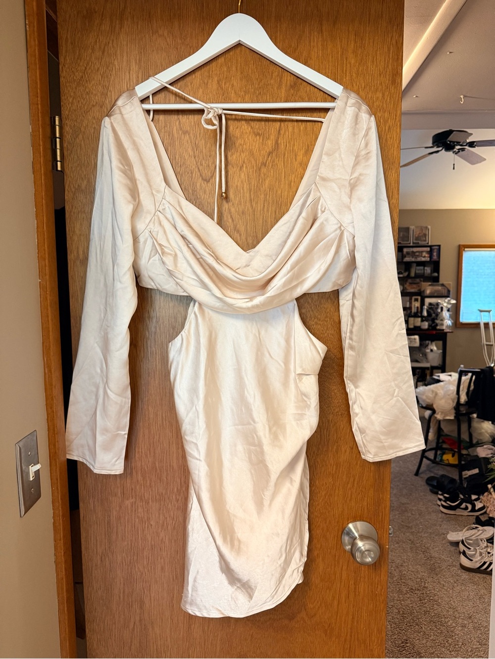 Selfie Leslie Ivory Backless Drape Front Long Sleeve Dress